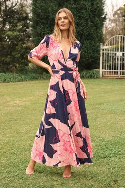 Ronda Maxi Wrap Dress In Navy With Blush Flower Print