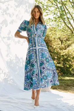 Halswell Maxi Shirt Dress In Blue And Green Tile Print