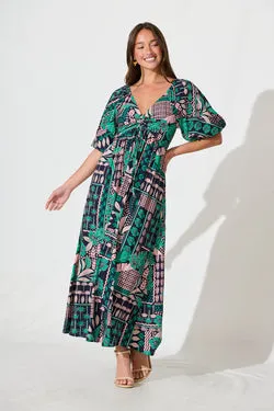 Coverdale Maxi Dress In Navy With Green And Blush Patchwork