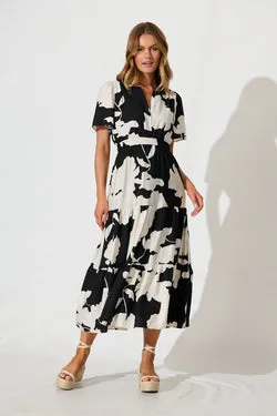 Queeva Midi Dress in Black with Cream Floral
