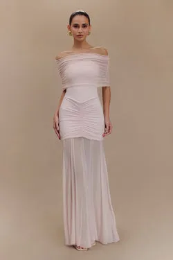 Caspian Slinky And Mesh Off Shoulder Maxi Dress - Pale Pink