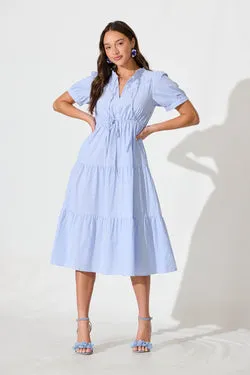 Micah Midi Dress in Blue and White Stripe Cotton Blend