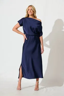 Sarita Maxi Off Shoulder Dress in Navy Satin