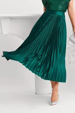 Allison Midi Pleat Skirt In Emerald Satin