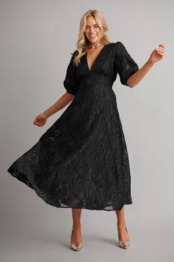 Opulence Midi Dress In Black Floral Organza Jacquard