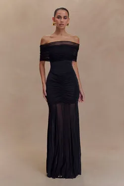 Caspian Slinky And Mesh Off Shoulder Maxi Dress - Black