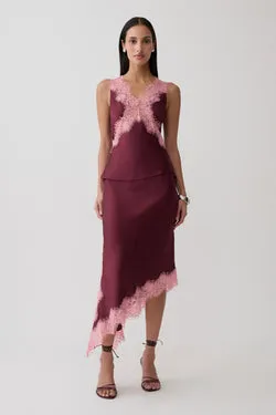 Amber Satin And Lace Midi Skirt - Burgundy