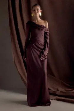 Iris Long Sleeve Satin Maxi Dress - Dark Chocolate
