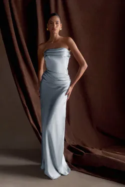 Jasmine Strapless Satin Maxi Dress - Frosted Blue