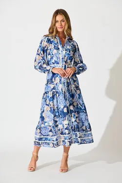 Nerina Maxi Shirt Dress in Navy Floral Linen Blend