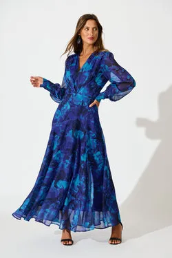 Martina Maxi Dress in Blue Watercolour Chiffon