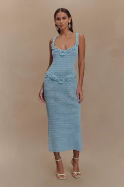 Teagan Floral Hand Crochet Midi Dress - Blue