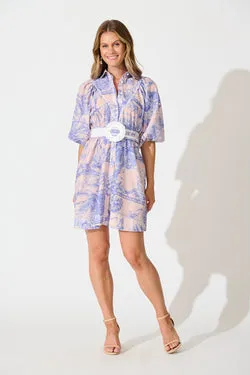 Botanical Bliss Shirt Dress in Blush with Blue Linen Blend