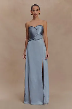 Larissa Satin Maxi Dress With Ruched Petals - Frosted Blue