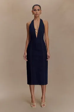 Shauna Denim Halter Midi Dress - Indigo Blue