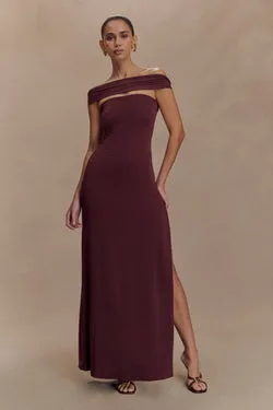 Aurora Slinky And Mesh Split Maxi Dress - Mahogany