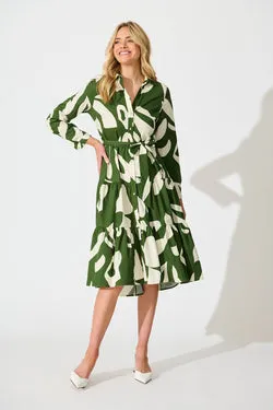 Endless Wishes Midi Shirt Dress in Green with White Cotton