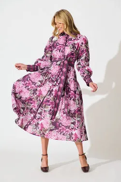 Verity Maxi Dress in Multi Plum Floral Linen Blend