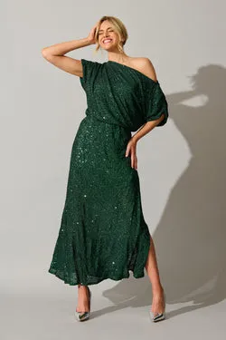 Amiri Off Shoulder Maxi Dress in Emerald Sequin