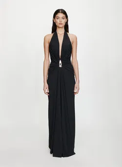 Crystal Pendant Ruched Lycra Halter Dress