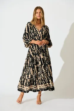 Rosamund Midi Dress in Black with Beige Print