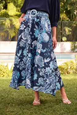 Riviera Maxi Skirt in Navy with Blue Floral Linen Blend