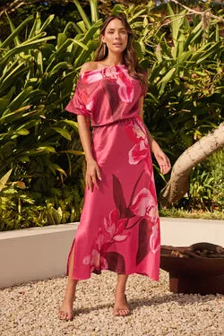 Sarita Maxi Off Shoulder Dress in Multi Pink Floral Satin