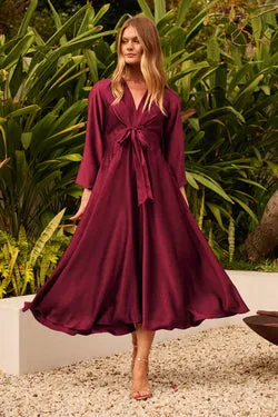 Veiled Illusion Maxi Dress in Wine Satin