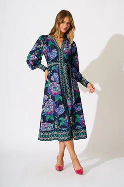 Evelina Midi Dress in Navy with Multi Floral