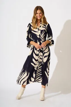 Dreamscape Midi Shirt Dress in Navy and Cream Print