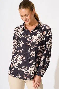 Gina Shirt in Black with Brown Print