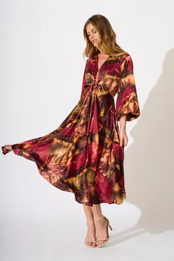 Veiled Illusion Maxi Dress in Multi Watercolour Satin