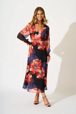 Midnight Magnolia Maxi Dress in Black with Red Floral Chiffon