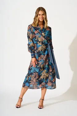 Garden Whispers Midi Dress in Black Multi Floral Linen Blend