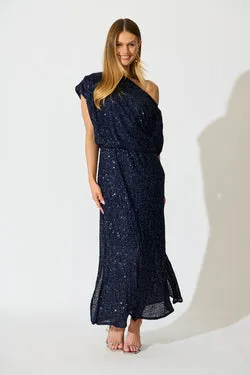 Amiri Off Shoulder Maxi Dress in Navy Sequin