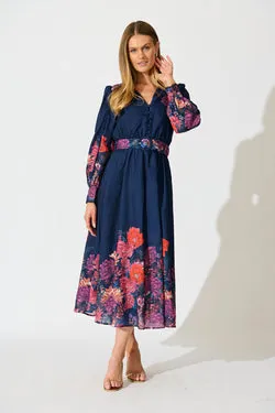 Orchid Trace Midi Dress in Navy Floral Cotton Blend