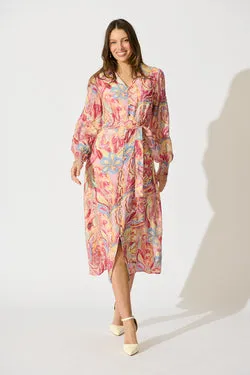 Mystic Mirage Midi Shirt Dress in Multi Pink Print