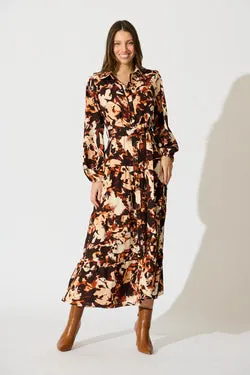 Loop Me Maxi Shirt Dress in Multi Brown Print Satin