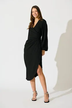Kalisha Midi Dress in Black Satin