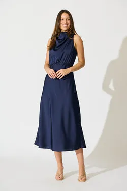 Vision of Love Midi Dress in Navy Satin