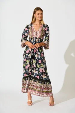 Mayda Maxi Dress in Black with Pink Boho Floral