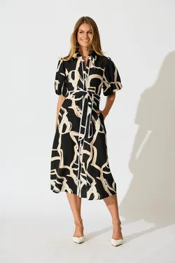 Libra Midi Shirt Dress in Black with Cream Swirl Print Linen Blend