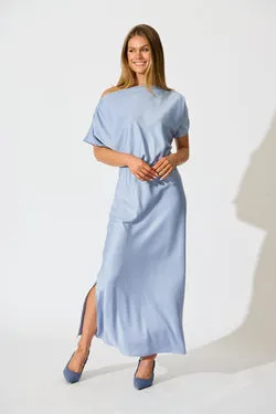 Forever And Always Maxi Off Shoulder Dress in Ice Blue Satin