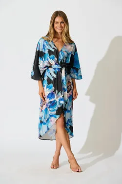 Joyful Midi Dress in Black with Blue Floral Satin