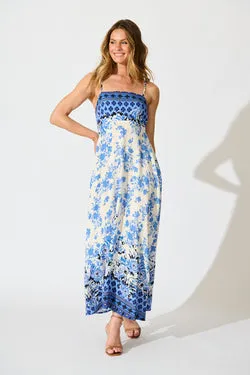 Fayda Maxi Sundress in Blue Floral Linen Blend