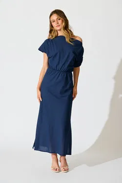 Saffron Sky Maxi Off Shoulder Dress in Navy Cotton
