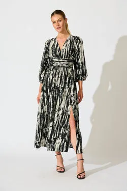 Azalea Maxi Dress in Black with Cream Print