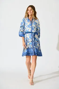 Starlet Boho Shirt Dress in Blue Floral Linen Blend