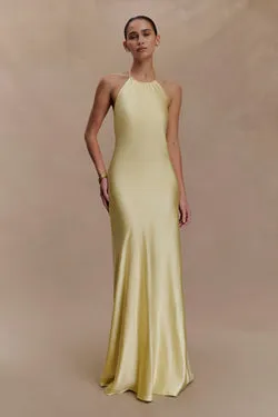 Bella Satin Halter Maxi Dress - Lemon
