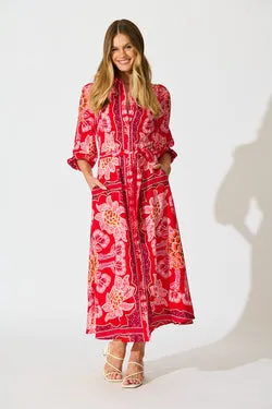 Aurelina Maxi Shirt Dress In Red Flower Linen Blend